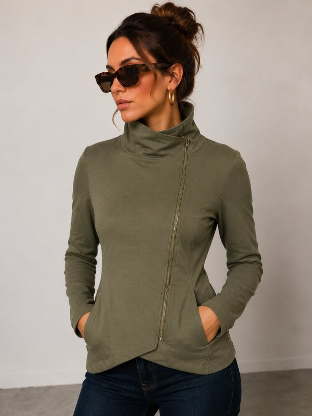 Olive Green Asymmetrical Zip Knit Moto Jacket High Low NWT
